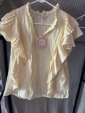 Umgee Pale Yellow Ruffle-Trim V-Neck Blouse